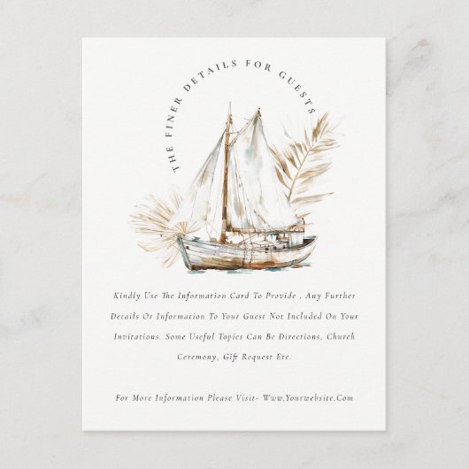 Boho Chique Palm Zeilboot Zeegezicht Bruiloft Deta Informatiekaartje (Voorkant)