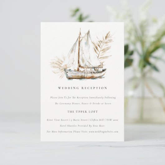 Boho Chique Palm Zeilboot Zeegezicht Bruiloft Rece Informatiekaartje (Staand voorkant)
