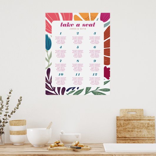 Boho chique retro bloemenbruiloft tafel zitplaatse poster (Keuken)