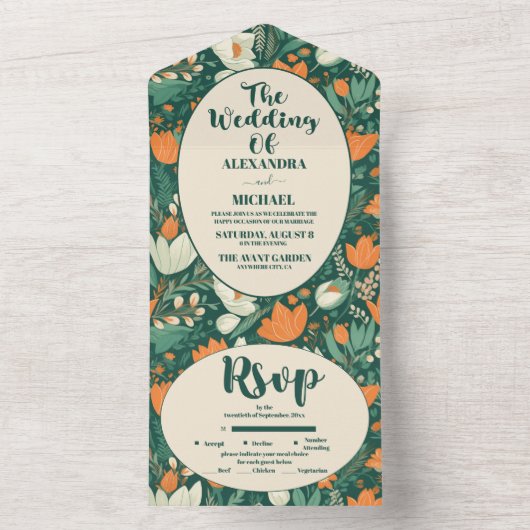 Boho chique retro kleurrijke bloemenbruiloft all in one uitnodiging (Binnen)