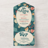 Boho chique retro kleurrijke bloemenbruiloft all in one uitnodiging (Binnen)