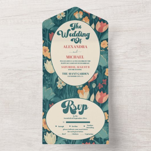 Boho chique retro kleurrijke bloemenbruiloft all in one uitnodiging (Binnen)