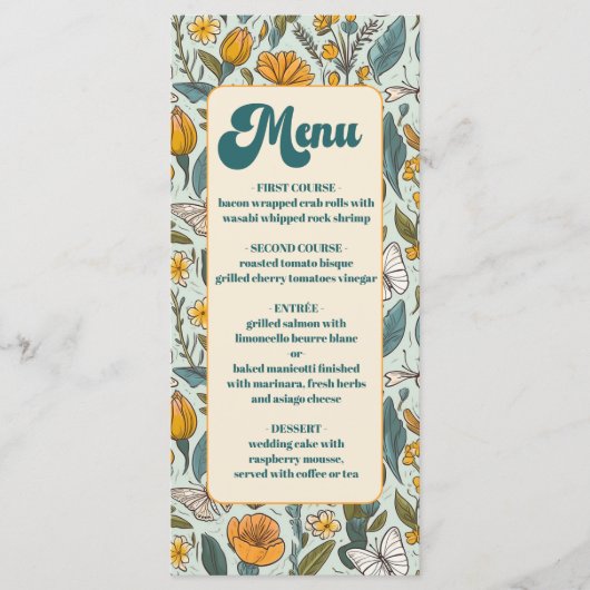 Boho chique retro kleurrijke bloemenbruiloft menu (Voorkant)