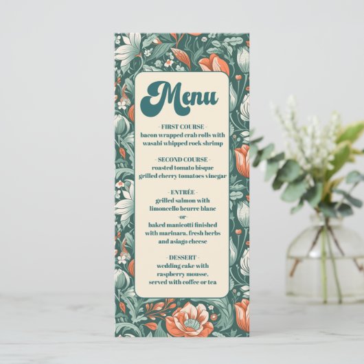 Boho chique retro kleurrijke bloemenbruiloft menu (Staand voorkant)