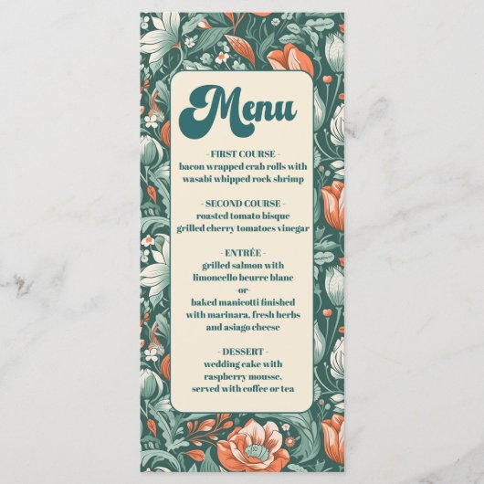 Boho chique retro kleurrijke bloemenbruiloft menu (Voorkant)