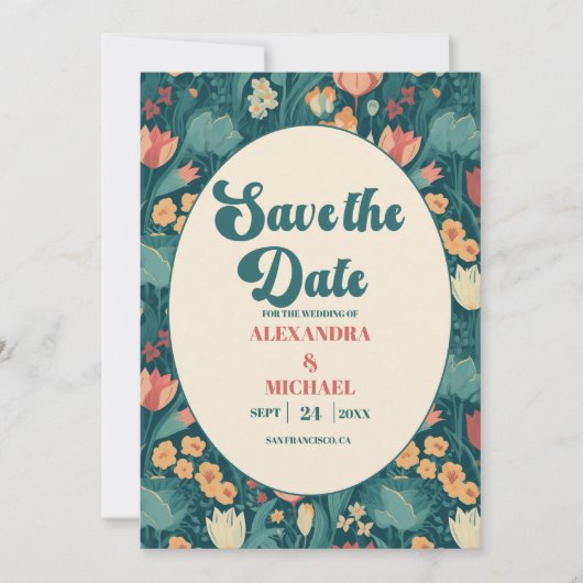 Boho chique retro kleurrijke bloemenbruiloft save the date (Voorkant)