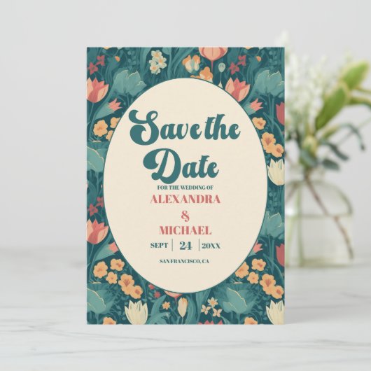 Boho chique retro kleurrijke bloemenbruiloft save the date (Staand voorkant)