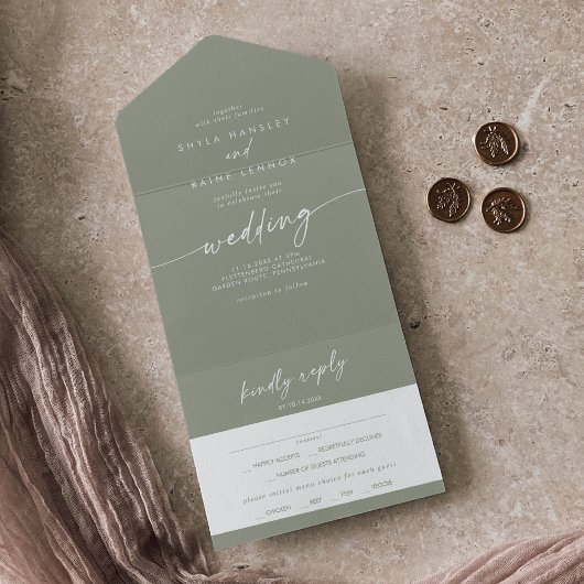 Boho Chique Sage Groene Maaltijd Keuze RSVP Bruilo All In One Uitnodiging