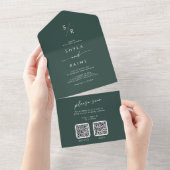 Boho chique smaragd groen dubbele QR-code bruiloft All In One Uitnodiging (Afscheurbaar)