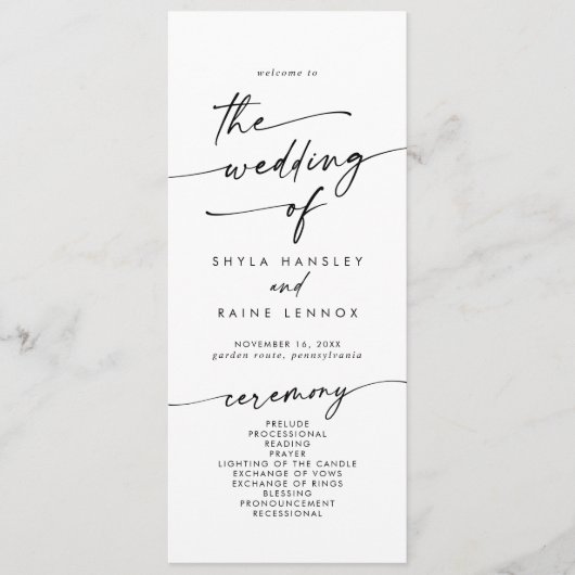 Boho Chique Zwart-Wit Thee Lengte Bruiloft Programma (Voorkant)