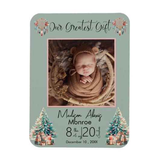 Boho Christmas Baby Stats geboorte aankondiging Magneet (Verticaal)