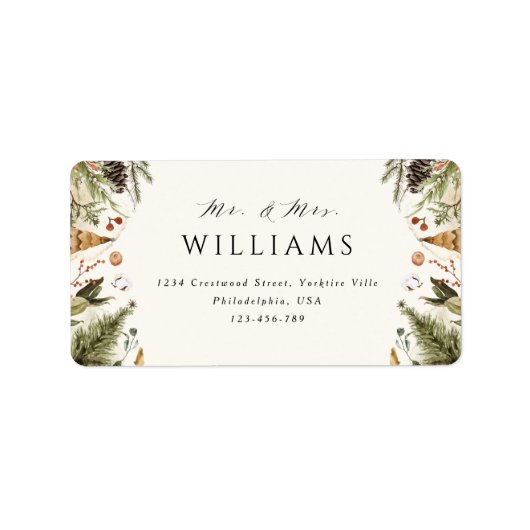 Boho Christmas Botanical Greenery Mr. en Mrs. Name Etiket (Voorkant)