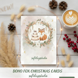 Boho Christmas Fox Greeting Card - Whimsical Woodl Feestdagenkaart