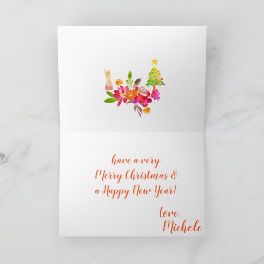 Boho Christmas Red Nose Rendier Floral Waterverf Feestdagen Kaart (Binnen)