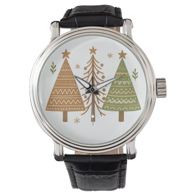 Boho Christmas Trees Neutral Holiday Style Horloge (Voorkant)