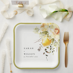 Boho citroen geel Waterverf bloemenbruiloft Papieren Bordje