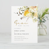 Boho citroen geel Waterverf bloemenbruiloft Save The Date (Staand voorkant)