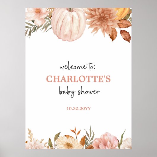 Boho Citrouille Floral Automne Baby shower Affiche (Devant)