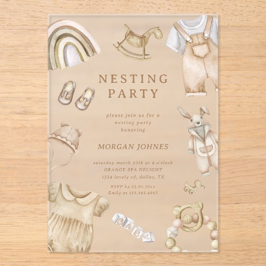 Boho Clothes Nursery Nesting Party Acryl Uitnodigingen (Voorkant)