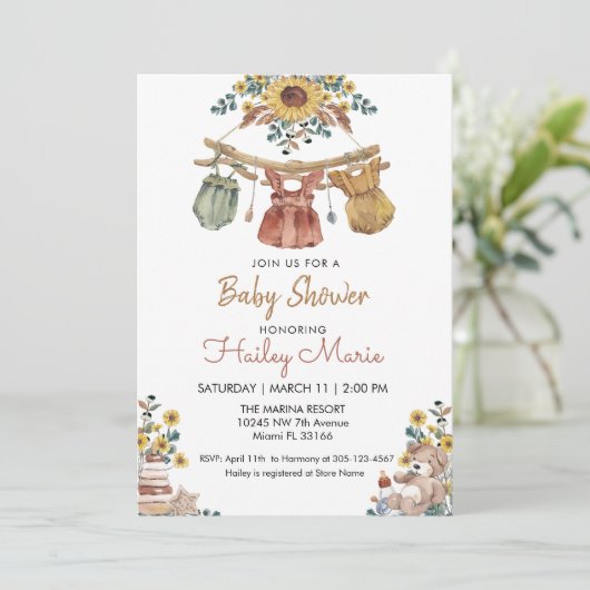 Boho Clothesline Baby shower Invitation (Debout devant)