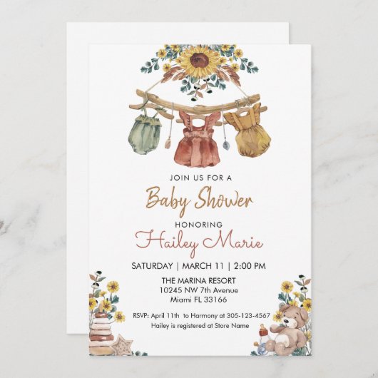 Boho Clothesline Baby shower Invitation (Devant / Derrière)