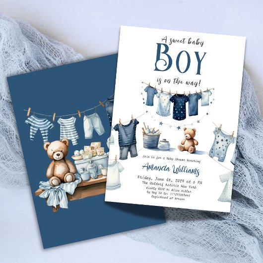 Boho Clothesline Blue Sweet Boy Baby shower Kaart