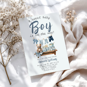 Boho Clothesline Sweet Blue Boy Baby shower Kaart