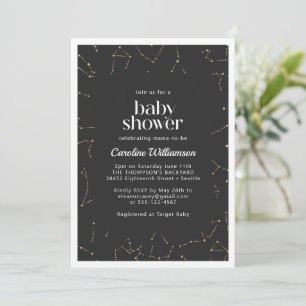 Boho Constellations Stars Black Gold Baby shower Kaart