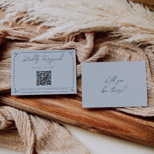 Boho Cool Marina Blue Frame QR Code Wedding  RSVP Kaartje