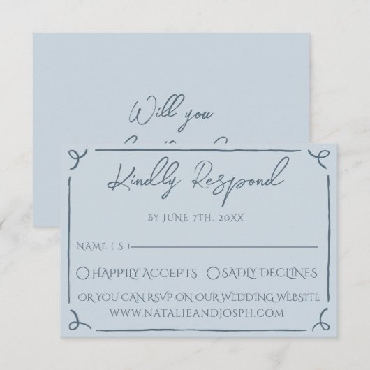 Boho Cool Marina Blue Frame Whimsy Wedding RSVP (Devant / Derrière)