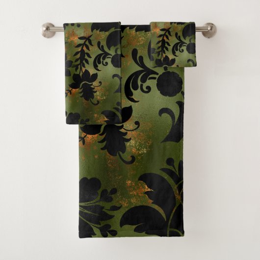 Boho Copper Black Green Floral Bad Handdoek (Insitu)