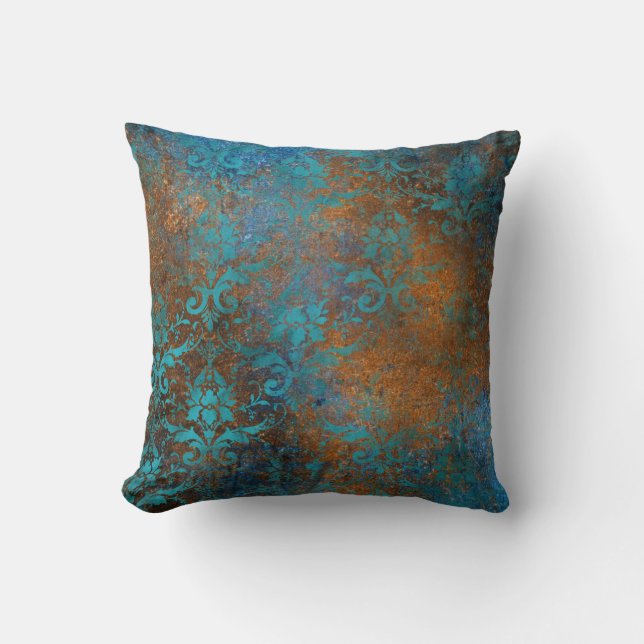 Boho Copper Blue Floral Damask Grunge Kussen (Voorkant)