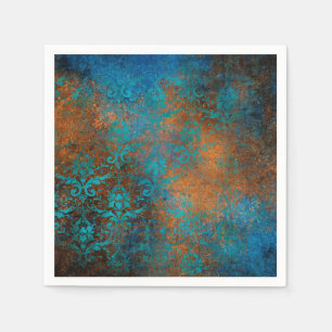 Boho Copper Blue Floral Damask Grunge Servet