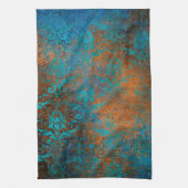 Boho Copper Blue Floral Damask Grunge Theedoek (Verticaal)