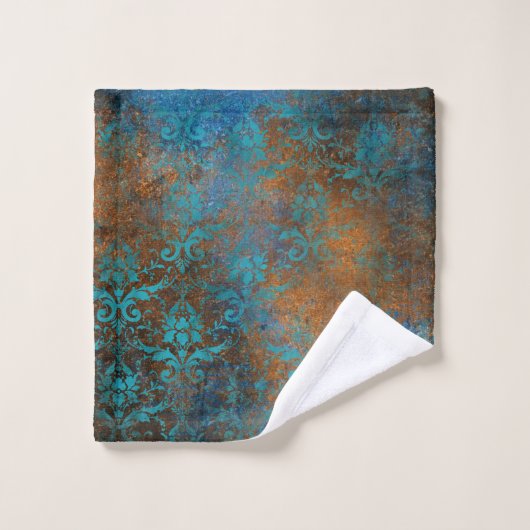 Boho Copper Blue Floral Damask Grunge Washandje (Wasdoekje)