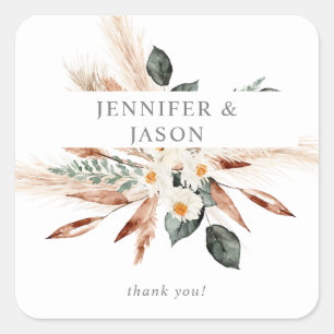 Boho Copper Leaves Pampas & Beige Floral Hartelijk Vierkante Sticker