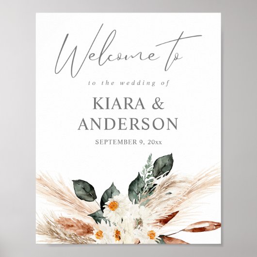 Boho Copper Pampas Beige Floral Welcome Sign. Poster (Voorkant)