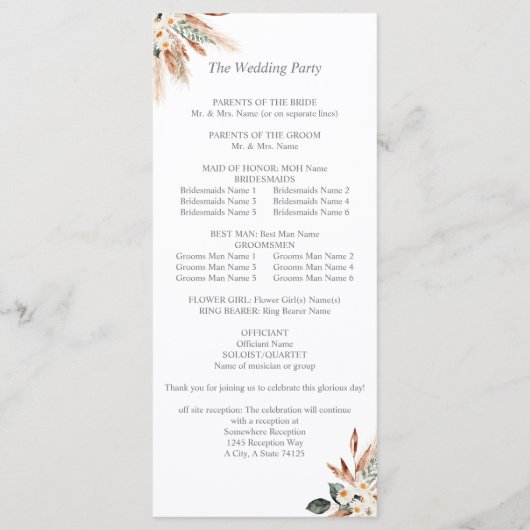 Boho Copper Pampas Floral Ceremony Programme Programma (Achterkant)