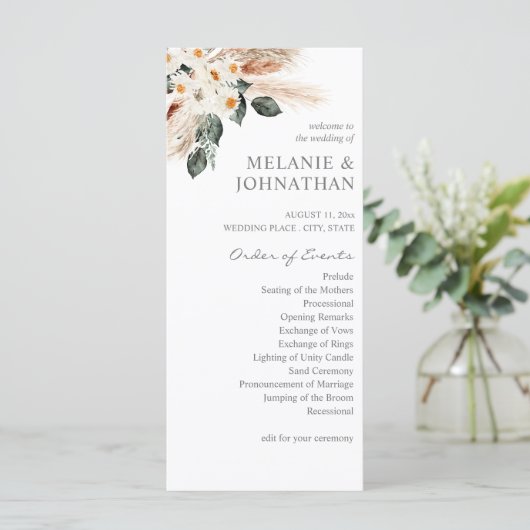 Boho Copper Pampas Floral Ceremony Programme Programma (Staand voorkant)