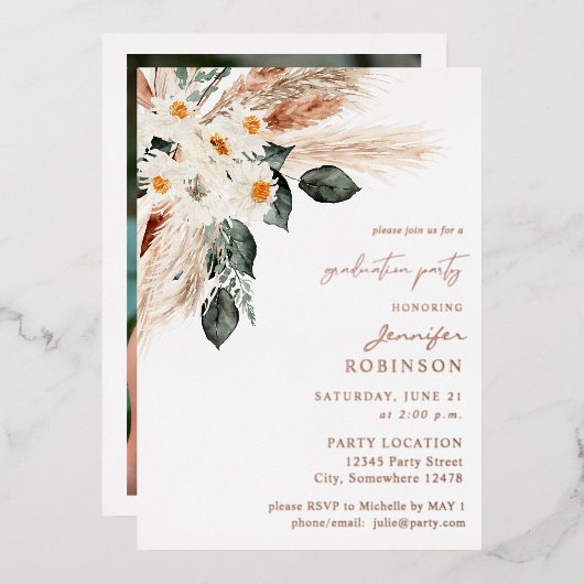 Boho Copper Pampas Floral & Photo Graduparty Folie Uitnodiging (Voorkant / Achterkant)