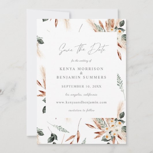 Boho Copper & Pampas & Floral Save the Date Photo Kaart (Voorkant)