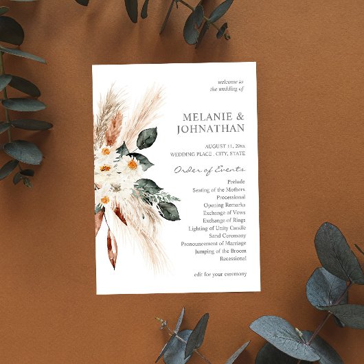 Boho Copper Pampas Floral Wedding Ceremony Program Kaart