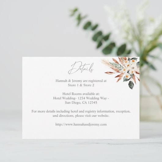 Boho Copper Pampas Gras & Bloemen Bruiloft Details Informatiekaartje (Staand voorkant)