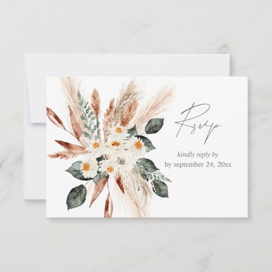 Boho Copper Pampas Grass Beige Bloemen met Maaltij RSVP Kaartje (Voorkant)