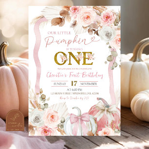 Boho Coquette Roze Pompoen 1e Verjaardag Kaart