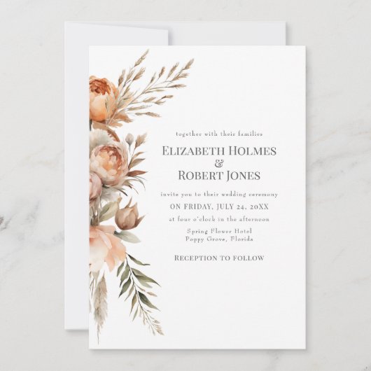 Boho Coral en perzik droge bloemen bruiloft Kaart (Voorkant)