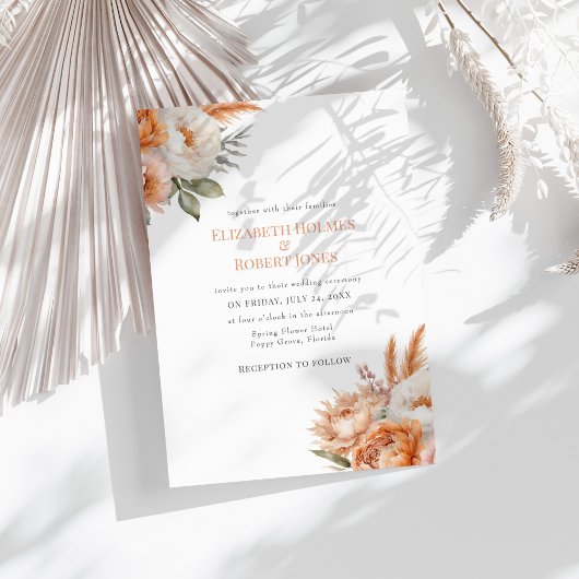 Boho Coral Flowers Summer Wedding Kaart