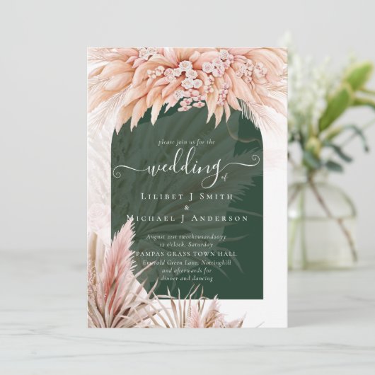 Boho Coral Pampas Grass Green Wedding Kaart (Staand voorkant)