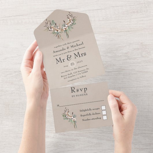 Boho Cotton and Eucalyptus Wedding All In One Uitnodiging (Afscheurbaar)