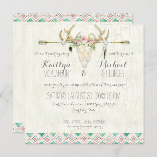 BOHO Country Rustic Floral Deer Skull Antler Arrow Kaart (Voorkant / Achterkant)